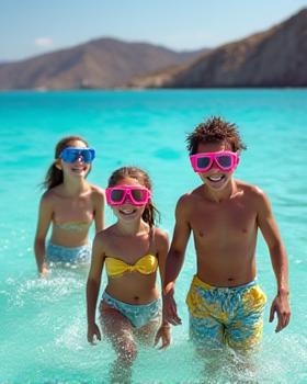 Happy family snorkeling in bright blue water