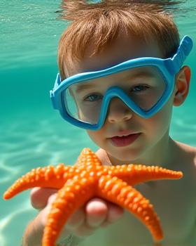 Child discovering a starfish with a guide