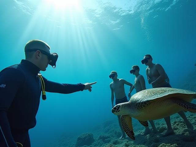 Professional diving guide showing a sea turtle to a family