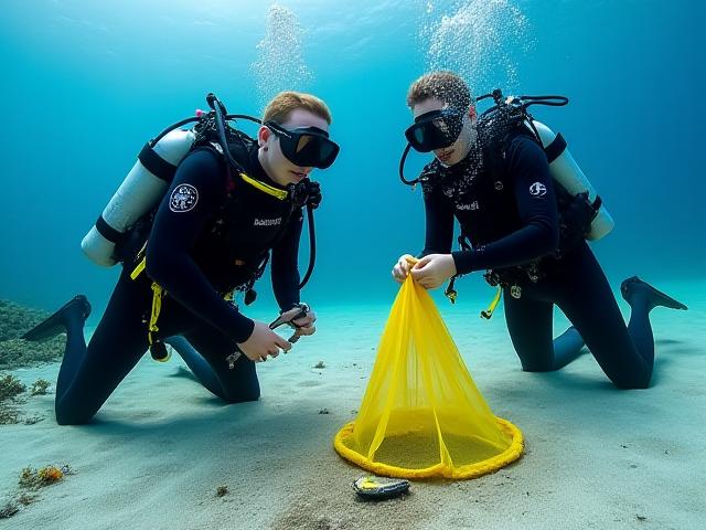 Divers working together to collect marine debris in a mesh bag during a cleanup dive