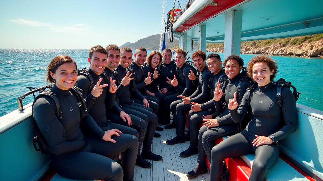 A diverse group of happy divers cheering on a specialized dive boat in South Africa