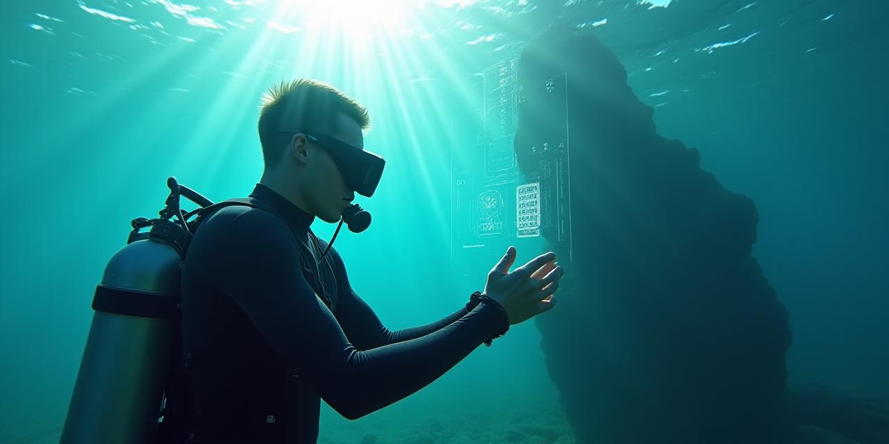 A clear underwater shot of a diver looking at a digital compass, representing data precision and safety