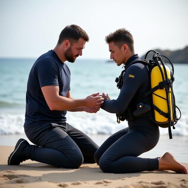 Dive guide explaining equipment to a beginner diver