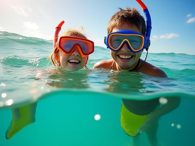 Family snorkeling in shallow turquoise water