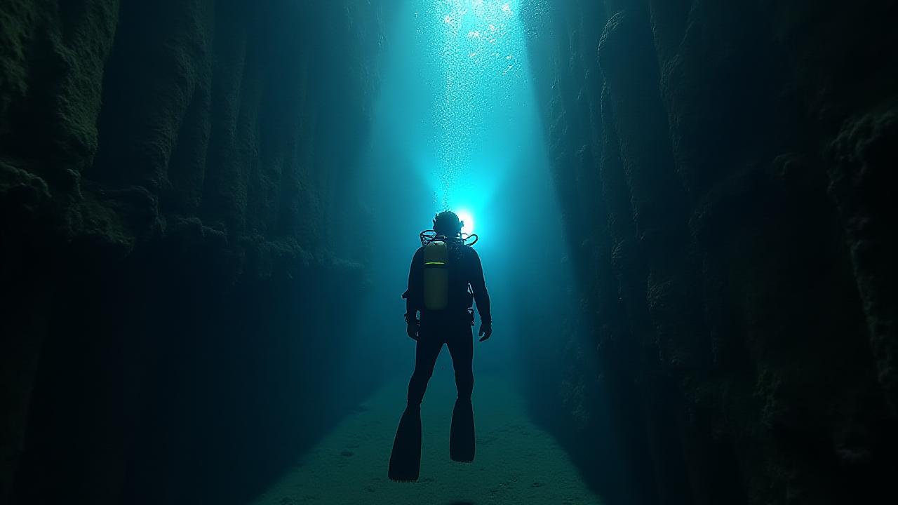 Technical diver with advanced gear exploring a dark shipwreck using a powerful torch beam